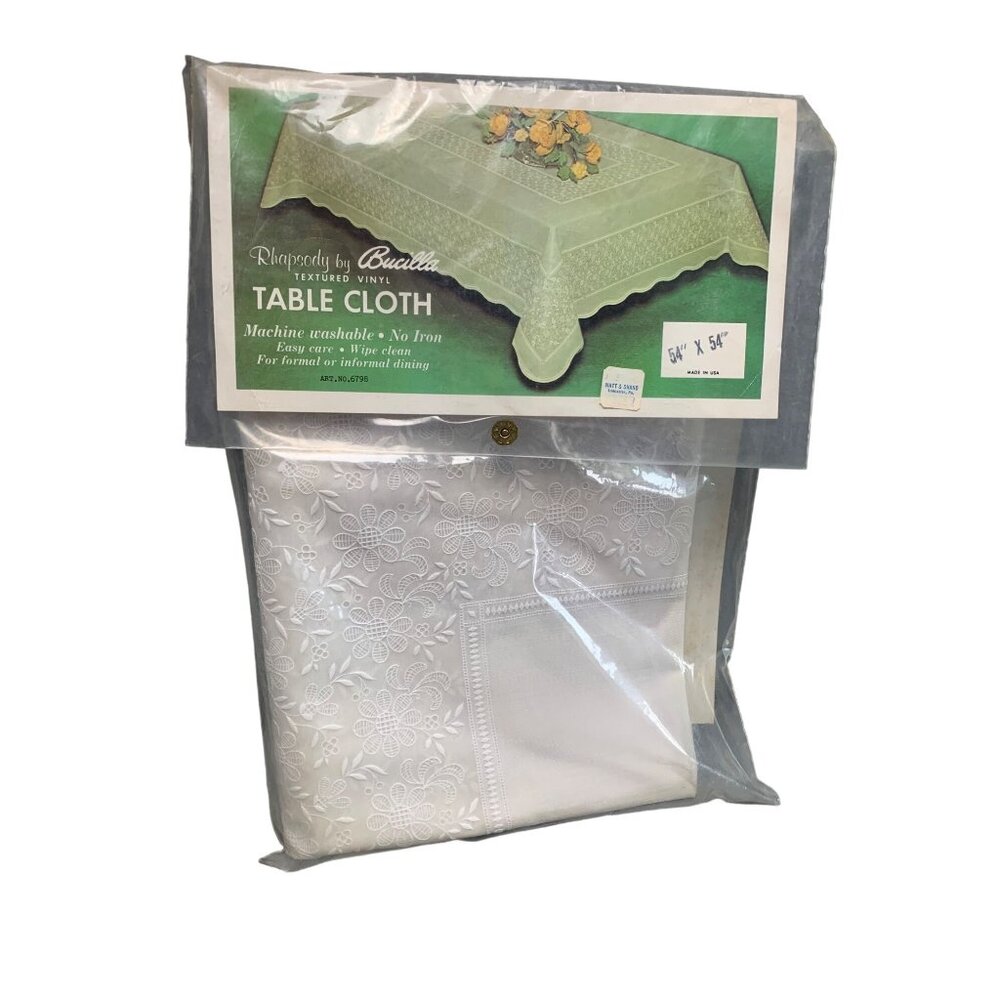 Rhapsody By Bucilla Textured Vinyl Tablecloth 54" x 54" White Floral Design